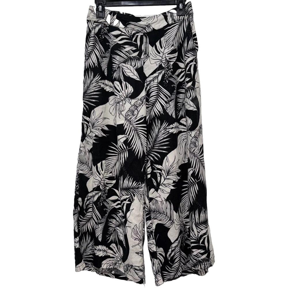 Christian Siriano Black & White Tropical-Leaf Wide-Leg Capris